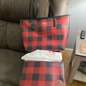 Coach Red and Black Plaid Tote